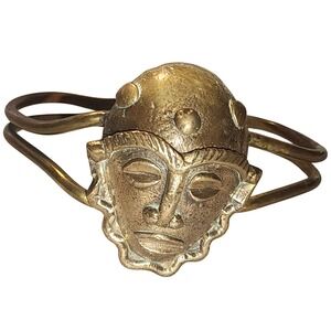 VTG Rare Brass African Mask Cuff Bracelet Tribal Statement Bangle Gold Tone 53g